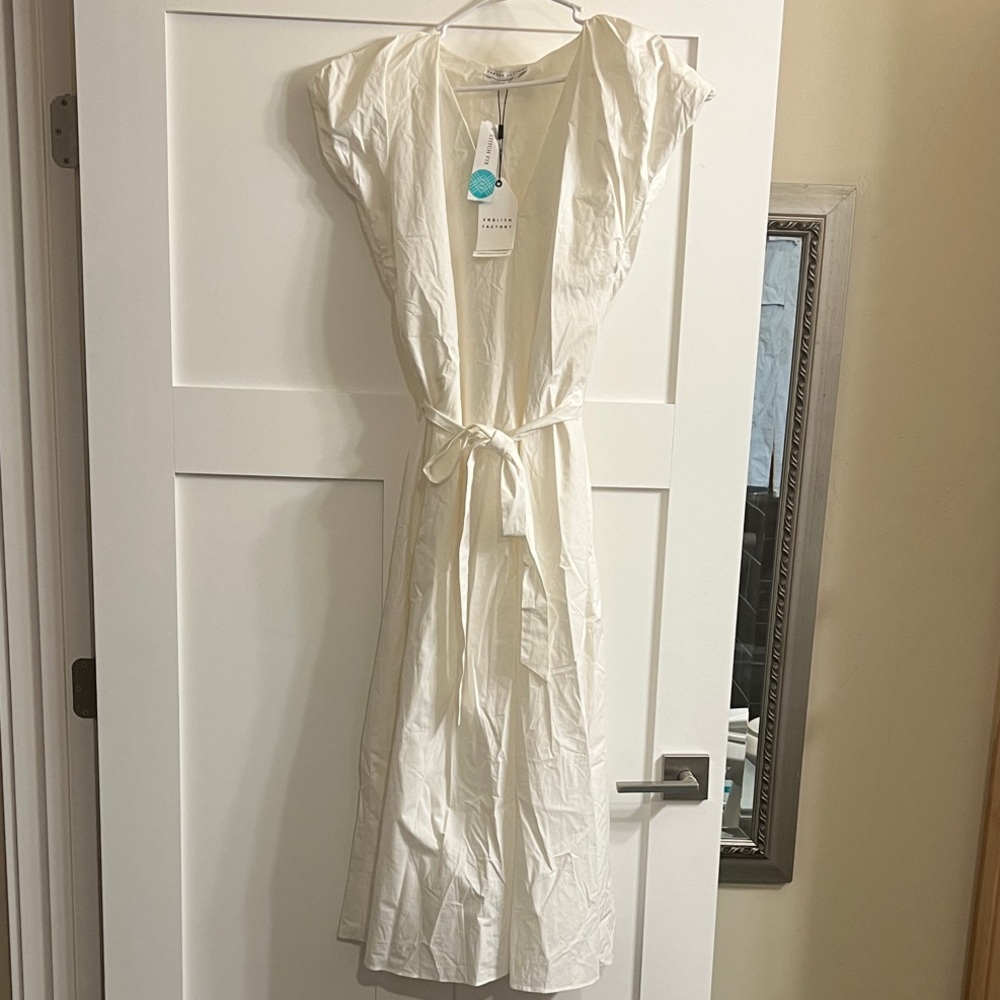 White Midi Tie Waist Poplin Dress L